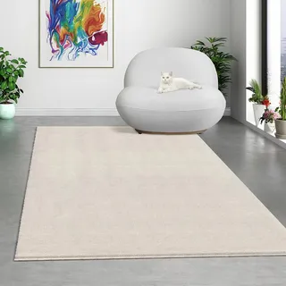 Mia's Teppiche Comfort Moderner Flauschiger Kurzflor Teppich, Anti-Rutsch Unterseite, Waschbar bis 30 Grad, Super Soft, Felloptik, Creme, 120 x 160 cm