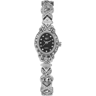 JewelryWe Damenuhr Vintage Diamant Uhr: Schwarz Glitzer Zirkonia Analog Quarz Armbanduhr Damen Klein Schmal Metallarmband Retro Lässige Uhr mit Bling Strass Ovalem Gehäuse Silber