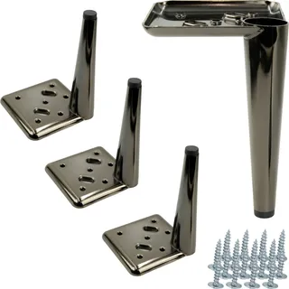 Schwarze Chrom Möbelbeine Set von 4 - 15 cm Höhe, eleganter "Stiletto" Stil, ideal für Polstermöbel und TV-Möbel, mit Montagezubehör und schützende Füße. - Schwarz