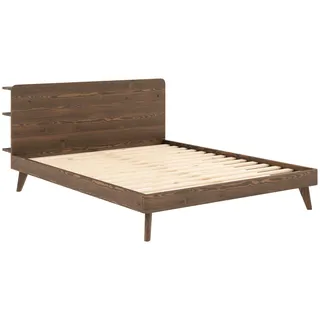 Karup Design Bettgestell »RETREAT BED« aus Kiefer massiv mit Lattenrost, Kopfteil mit 3 Ablagen, braun