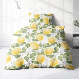 Bettwäsche aus 100% Baumwolle 2tlg. 155x220 + 80x80 cm Zitronen gelb weiß
