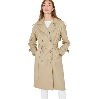 TRENDYOL Damen Offener -Gewölbter Knopfverschluss Wasserabweisender Langer Trenc - Beige