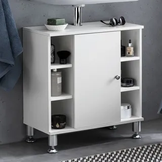 FineBuy Waschbeckenunterschrank 60 x 64 x 32 cm mit Tür & 6 Ablagefächer Weiß Waschtischunterschrank Badezimmermöbel Unterschrank Bad - Weiß
