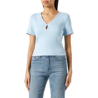 Noisy may Damen Kurzes RIPP Oberteil Slim Fit T-Shirt mit Cut-Out V-Ausschnitt Kurzarm Top NMMAYA, Farben:Blau-3, Größe:S