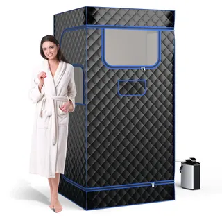 FANTASK Ganzkörpersaunabox für Zuhause, tragbare Dampfsauna Heimsauna mit Fußmassagegerät, 3-Liter-Dampfgenerator, Saunazelt, Klappstuhl & Fernbedienung, 91 x 91 x 183 cm (schwarz)
