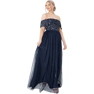 Maya Deluxe Women's Damen Brautjungfernkleid Bardot Paillettenverzierung Abendkleid Elegant für Hochzeit Tüllkleid Bridesmaid Dress, Navy, 36
