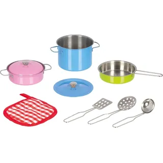 GoKi 51467 Kochset farbenfroh aus Metall, Hochwertiges Kochspielzeug für Kinder, Inkl. Töpfen, Deckel, Topflappen und Küchenutensilien, 9-er Set, ab 3 Jahre