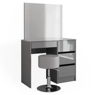 Vicco Schminktisch-Set Sherry Grau 90 cm mit Hocker , Holzwerkstoff , 4 Fächer , 4 Schubladen , Rechteckig,Rechteckig , 90x75x40 cm , Schlafzimmer, Schminktische