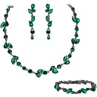 EVER FAITH Kristall Schmuck-Sets elegante Marquise- und Runde- Schliff Strass Blatt Halsketten, Ohrringe und Armband-Set für Damen Grün Schwarz-Tone