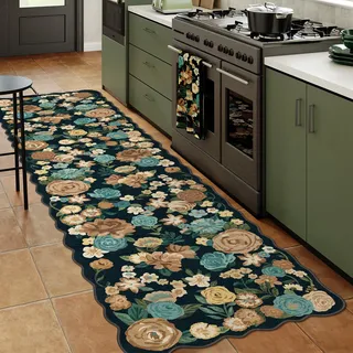HUGEAR Schwarzer Flur Teppich 60x240cm Blumenmuster Läufer Blumen Boho Neutral Moderner Weich rutschfest Waschbarer Langer Teppiche Schlafzimmer Innen Küche Wohnzimmer Bettvorleger Kurzflor Carpet