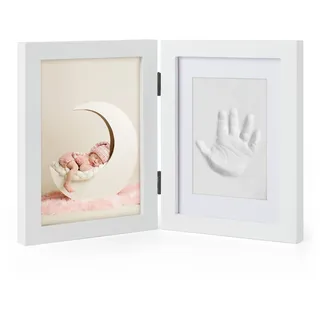 chuckle Baby Handabdruck und Fußabdruck Set – Weißer Doppel-Bilderrahmen aus Holz (für 13x18 cm Fotos) mit Modelliermasse, Rolle & Anleitung – Erinnerungsstück und Geschenk zur Geburt oder Babyparty