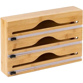 Relaxdays Folienspender, 3 Rollen, Schublade, Bambus, HxBxT 22 x 33,5 x 7 cm, Folienschneider Küche, Folienhalter, Natur