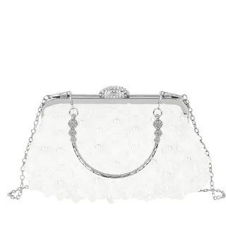 MilyaDE Damen Perlen Blumen Clutch Strass Hochzeit Braut Brautjungfer Handtasche Party Abendtasche Umhängetasche mit Handgriff Kette Gurt, Weiß