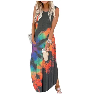 CHUNTIANRAN Damen Maxikleid Sommer Casual Sommerkleid Ärmellos Lange Kleider Hawaii Strand Maxikleid mit Taschen, Regenbogen, Klein