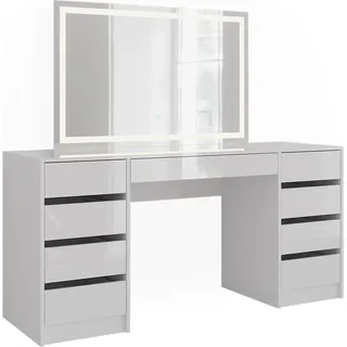 Vicco Schminktisch Sherry, 158.2 cm mit LED-Spiegel, Weiß/Weiß Hochglanz - Weiß