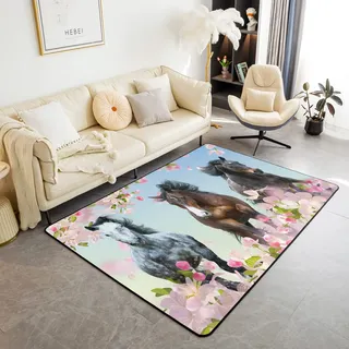 Loussiesd Pferd Teppich 100x150cm Kirschblüten Galoppieren Pferd Wohnzimmer Teppiche für Schlafzimmer Home Decor Sakura Blume Teppich Ultra Weiche rutschfeste Innenbodenmatte