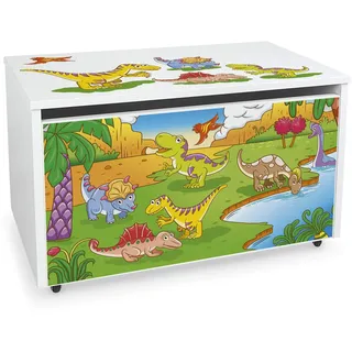 Leomark Spielzeugkiste aus Holzwerkstoff, 91 L, Sitzbank, Rollen, Dino | Maße 71x40x46 cm, Deckel mit Absenkmechanismus, 18 mm Möbelplatte, Metallscharniere, Innenmaß 66x36x38 cm, Selbstmontage