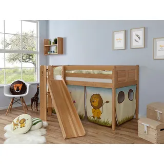 Ticaa Hochbett "Ekki" mit Rollrost und Textil-Set wahlweise mit Matratze, Buche, buche natur lackiert, safari