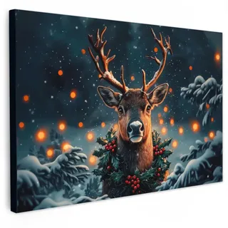 MuchoWow Leinwandbild Hirsch - Weihnachten - Winter - Schnee - Weihnachtskranz Wanddeko 90x60 cm , Dunkelbraun , Textil , Kiefer , Rechteckig , 90x60 cm , FSC 100% , gerahmt , Bilder & Rahmen, Bilder, Leinwandbilder