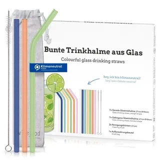 Wisefood® Glasstrohhalme Strohhalme Ø 10 mm [14 Stk.] Strohhalme Glas mit 4x Strohhalm Bürste [bunt] Bubble Tea Strohhalme als Glas Strohhalm [21,5 cm] Glasstrohhalme lang & Glasstrohhalm gebogen