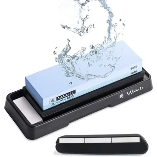 Wakoli Messerschärfer Profi Schleifstein 1000/6000 | Korund | Kunststoffhalterung & Schleifhilfe | Messerschleifer mit Wasser oder Öl nutzbar | Wetzstein für Küchenmesser | Präzises Messer Schärfen