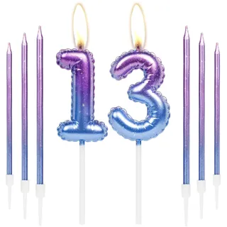 Bunte Geburtstagskerzen-Set, Nummer 13 Kerzen mit 6 Stück lila blaue lange Kerzen, Happy 13 Geburtstag Kerzen für Kuchen, Tortenkerzen für Mädchen, Jungen, Geburtstagsfeierdekorationen,
