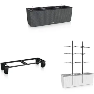 Lechuza Trio Cottage 30 Pflanzgefäß mit ERD-Bewässerungs-System, Granit, 100 x 32 x 34 cm & Sockel, Neutral, 98x30x15 cm & Rankgitter, Neutral
