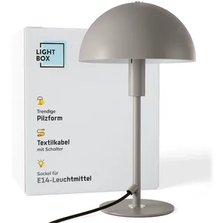 Lightbox Pilz-Tischlampe | Home Office Schreibtischlampe mit Wipp-Schalter | LED Lampe (E14 Fassung) als Nachttischlampe, Büro und Schreibtisch Zubehör | aus Metall in Taupe/Grau