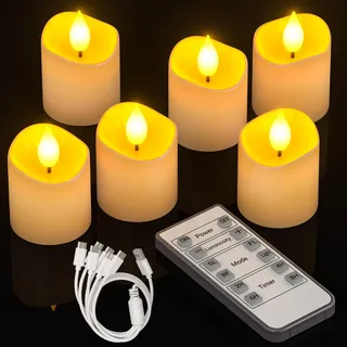 Yme 6er Set LED Teelichter Wiederaufladbar mit Fernbedienung Timer, Elektrische USB Aufladbare Teelichter Flackernd Dimmbar Kerzen mit Timerfunktion für Halloween Zimmer Party Deko Weihnachten