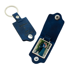 Foto PU Leder Schlüsselanhänger klappbar personalisiert individuell mit Wunschfoto Geschenkidee Blau