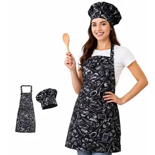 Morwealth 2 Stück kochschürze mit Kochmütze Küchenschürzen mit 2 Taschen verstellbare schürze für Küche,Backen,Basteln,Grtnern und Grillen
