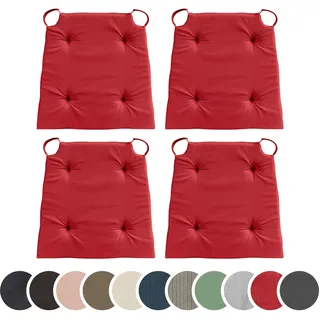 sleepling 4er Set Stuhlkissen, 42 (vorne) 35 (hinten) x 40 x 5 cm, Rot | Sitzkissen für Stuhl & Bank mit Klettverschluss, Indoor & Outdoor, 100% Baumwolle, Made in EU, Waschbar bis 30 Grad, 4 Stück