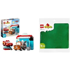 LEGO DUPLO Disney and Pixar's Cars Lightning McQueen & Mater in der Waschanlage Spielzeugautos & DUPLO Bauplatte in Grün, Grundplatte für DUPLO Sets, Konstruktionsspielzeug für Kleinkinder 10980