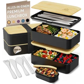 Umami Lunchbox Erwachsene, Auslaufsichere Bento Box mit Fächern und 4 Bestecke, Brotdose Erwachsene, Salatbehälter To-Go, Lunch Box für Picknick/Büro, Schwarz & Beige, 1200 ml