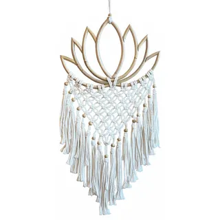 Ornament "Lotus" Rattan (26x18cm) mit Makramee, Holzperlen und Tasseln 26x55cm - Beige