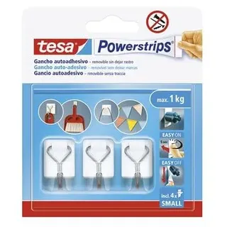 Tesa Powerstrips Klebehaken Small - mit abnehmbaren Metallhaken - Wiederverwendbare Wandhaken für Bad und Küche - Montage ohne Bohren - Weiß - 3 Haken, 4 Powerstrips