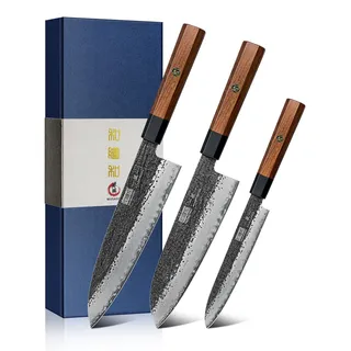 HOSHANHO 3-teilig Messerset, Professionelles Japanisches Küchenmesser Set Aus Kohlenstoffstahl, Ultrascharfe Messer Set mit Achteckigem Rosenholzgriff