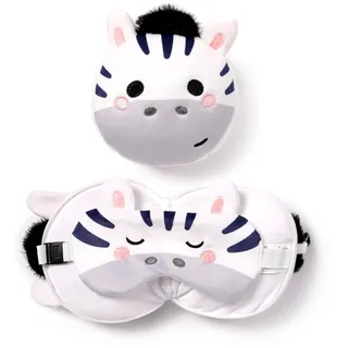 relaxeazzz Adoramals Bali the Zebra rundes Plüsch-Reisekissen & Augenmaske – Schlaf-Augenmasken – Kinder-Reisezubehör zum Schlafen im Flugzeug – Flugzeug, Nackenkissen