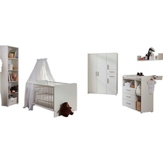 Bild »Lea«, (Set, 5 St., Bett, Wickelkommode, Schrank, Standregal, Wandboard), Bett + Wickelkommode + 4-trg. Schrank + Standregal + Wandboard, weiß