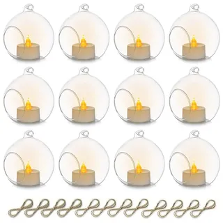 Sziqiqi Glaskugeln zum Aufhängen Teelichthalter Kerzenhalter: 8cm Hängende Teelichthalter Glas 12er Set mit LED für Teelichter - Windlicht Glas Vielseitig für Outdoor Hochzeit Party Weihnachten Decke
