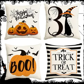 Jiahuade 4 Stück Halloween Kissenbezug 45x45cm,Happy Halloween Kissen Boo,Schwarze Katze Deko,Dekorative Kissenhüllen,Leinen Dekokissen,für Wohnzimmer Schlafzimmer Sofa