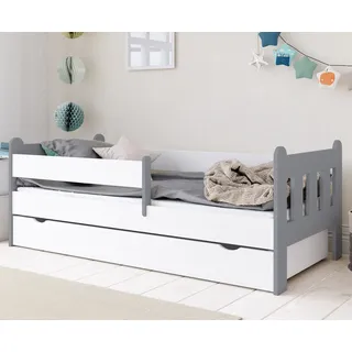 Kinderbett 80x160 | 80x180 | 90x200 cm mit Schublade, Rausfallschutz & Lattenrost in weiß-grau 180 x 80 Mädchen Jungen Bett