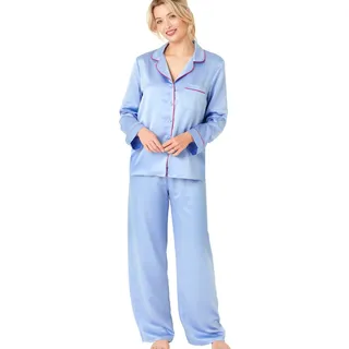 Indigo Sky Damen Womens Astara Full Length Satin Pyjama with Contrast Piping Pyjamaset, Denim, 22-24