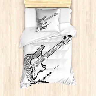 ABAKUHAUS Gitarre Mantele, Rockmusik Skizze-Kunst, Milbensicher Allergiker geeignet mit Kissenbezügen, 135 cm x 200 cm - 80 x 80 cm, Schwarz-Weiss - Schwarz