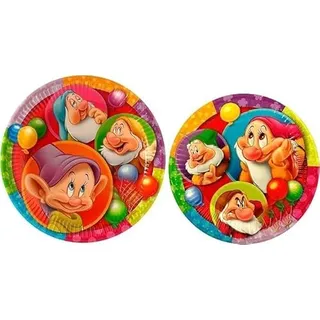 Disney Geburtstagsparty-Set, 16 Pappteller, 8 große (23 cm) + 8 kleine Teller (20 cm), Thema Schneewittchen und die 7 Zwerge (Snow White and the Seven Dwarfs).