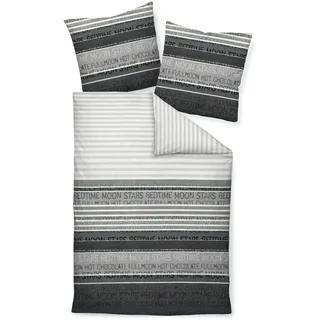 Janine Bettwäsche Palermo Grau Schwarz Streifen Optik Schriftzüge Buchstaben Mako Satin, Größe:155 cm x 220 cm
