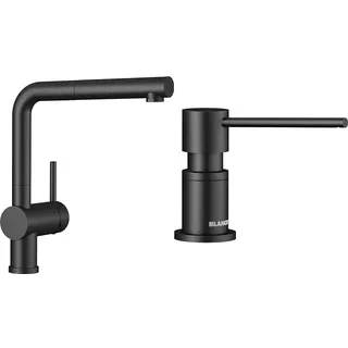BLANCO LINUS-S | Küchenarmatur in schwarz matt | Hochdruck & LATO Spülmittelspender in schwarz matt | Passend zu allen BLANCO-Küchenarmaturen