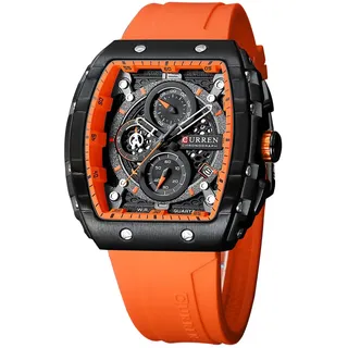FORSINING Herren-Armbanduhr, modisch, analog, Quarz, rechteckig, großes Zifferblatt, Silikonband, wasserdicht, Militär-Uhren, Kalender, Datum, Orange, Militär