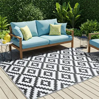 Tapiso Teppich IBIZA Outdoor Weiß Schwarz Picknick Garten 180 x 270 cm - Schwarz