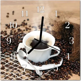 Glasuhr Wanduhr Küchenuhr Echt-Glas 30x30 cm Tasse Kaffee braun - Braun
